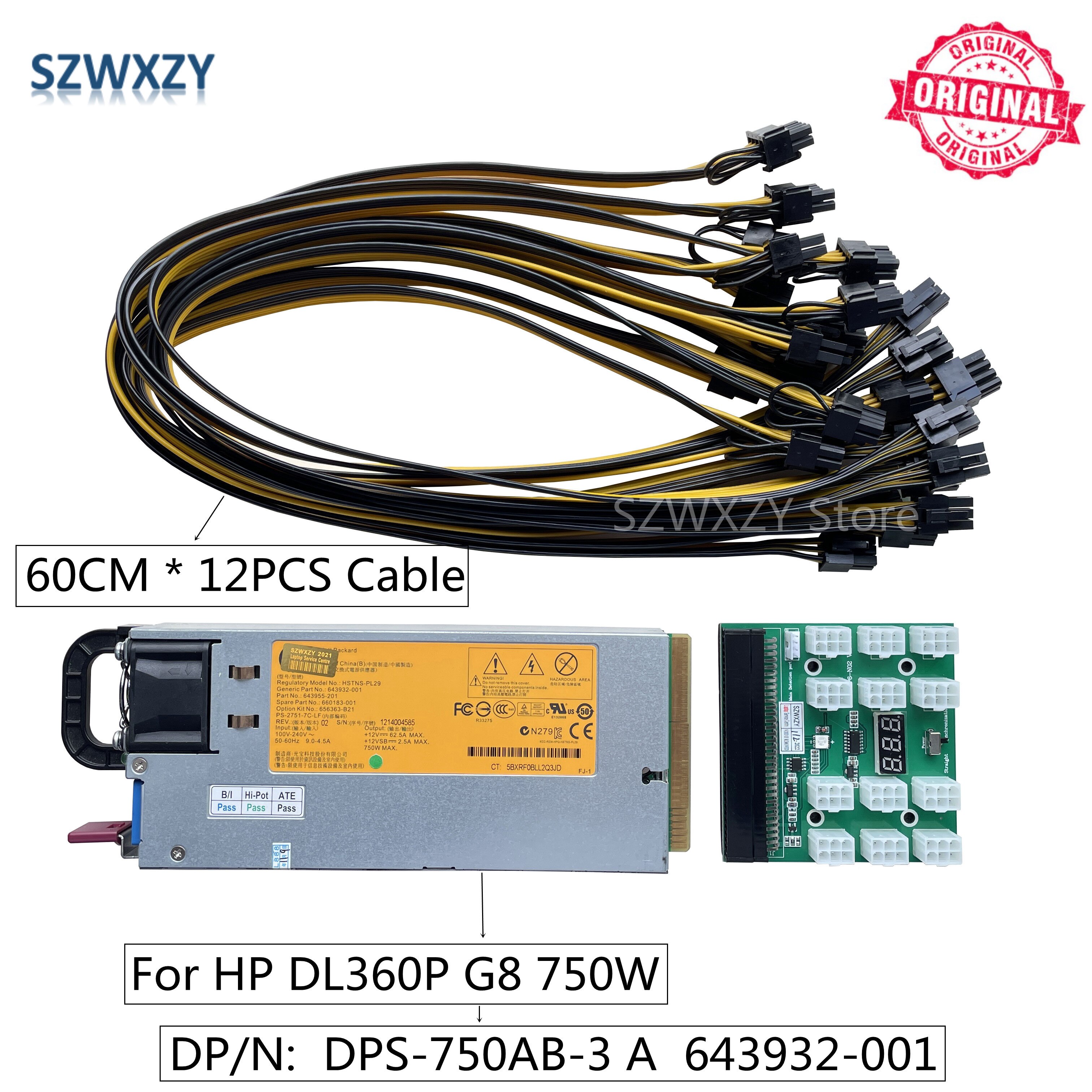 SZWXZY Original For HP DL360P G8 750W Server Power Supply DPS-750AB-3 A 643932-001 643955-201 660183-001 656363-B21 HSTNS-PD29