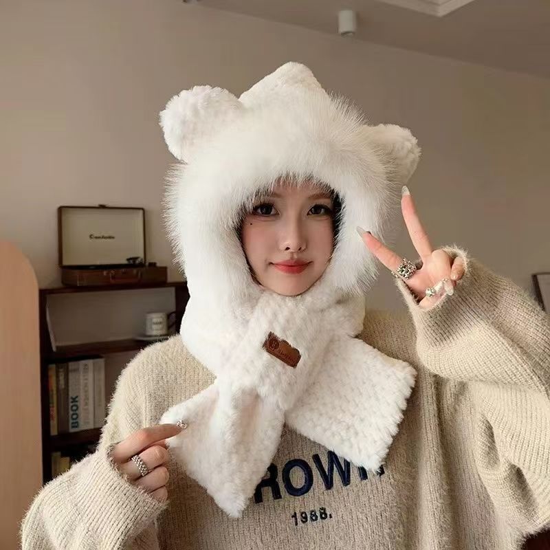 Lovely Beanie Hat Scarf Set Women Faux Fur Warm Winter Hat Children Parent Neck Circle Scarf Ski Snow Hat Cap Skullies Beanies: Red