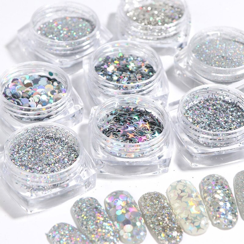 8Pc Holographic Silvery Fine Glitter Epoxy Resin Metallic Silver Festival Sequin W8EB