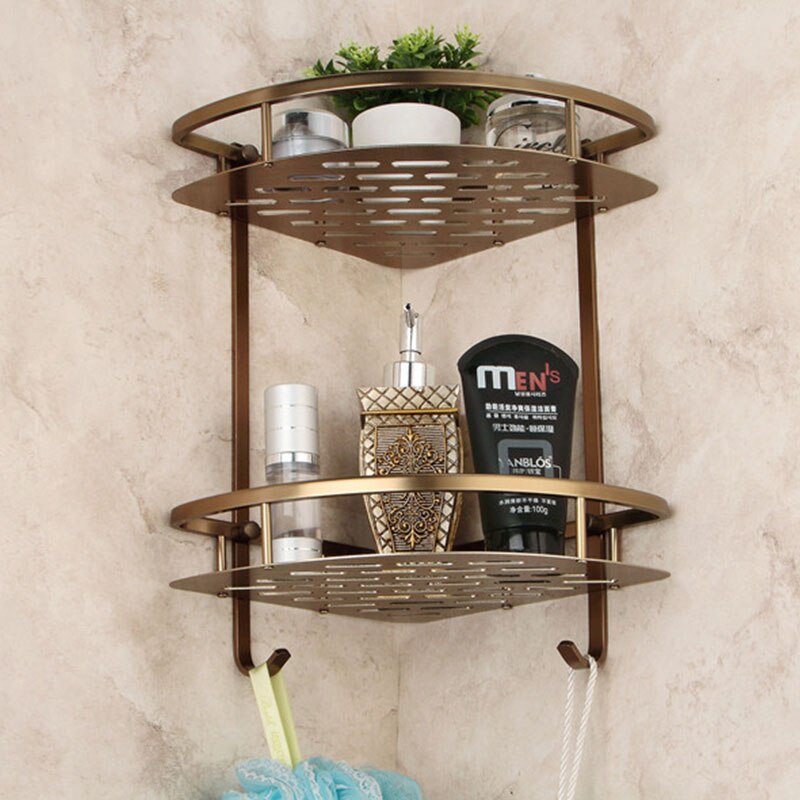 2-Tier Bathroom Shelves Antique Brass Material With Robe Hook Bathroom Storage Basket Wall Mounted Bathroom Corner Shelf 9115F