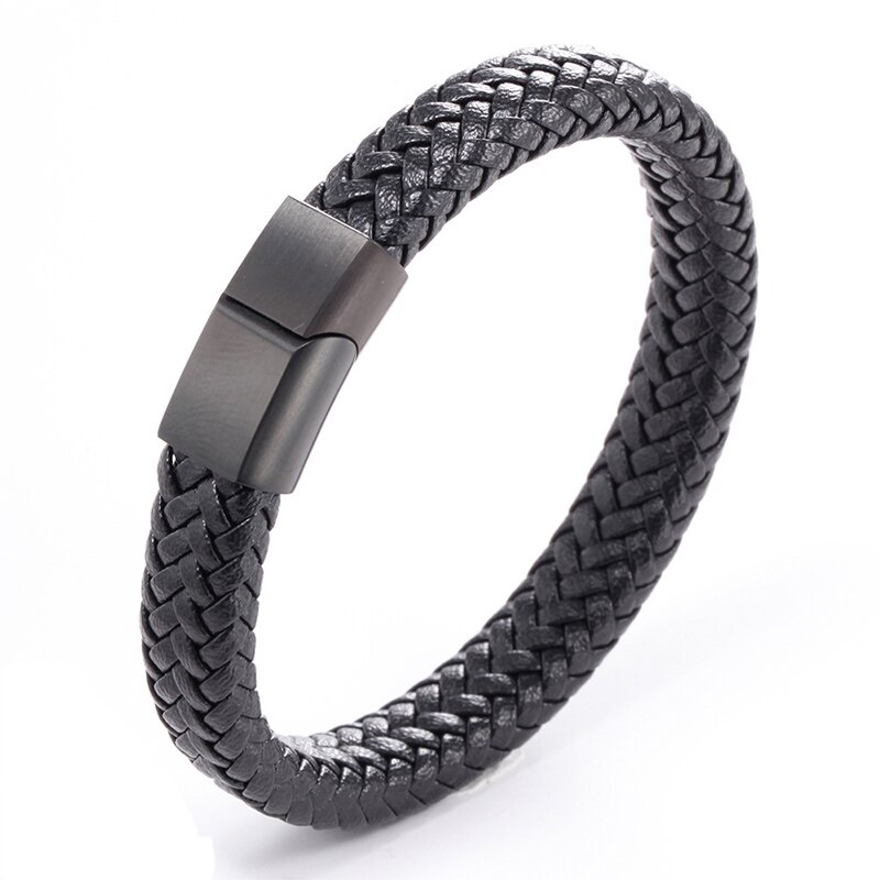 Handgemachte Geflochtene Armreif Männer Biker Manschette Schnalle Leder Magnetische Armband: Black Grey