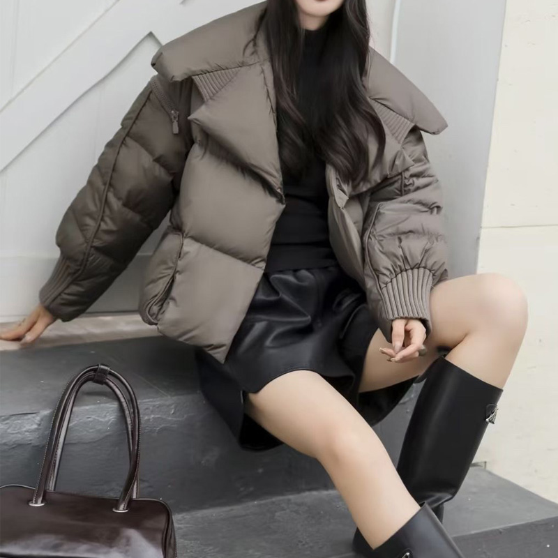 Lagabogy 2025 zimowa kurtka pikowana damska krótka 90% biały płaszcz z kaczego puchu damska Streetwear ciepłe parki odpinane rękawy znosić: M / Beżowy