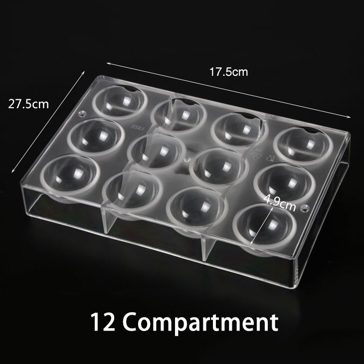 Moldes de policarbonato duro para Chocolate, 6/8/12/14/15 cavidades, 3D, Media esfera, 1 unidad: 12 Compartment