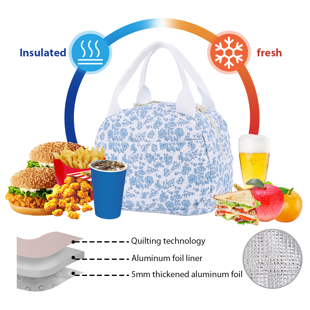 Women Quilted Lunch Bag Large Capacity Hand-Held Cooler Bag Floral Printed Cotton Padded Picnic Bag Travel Picnic Camping Bag