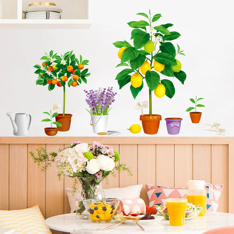 Large 3D Potted Plant Wall Stickers Lemon Orange Tree Lavender Decals Kitchen Corridor Living Room Decor Mural Vinyl Baseboard