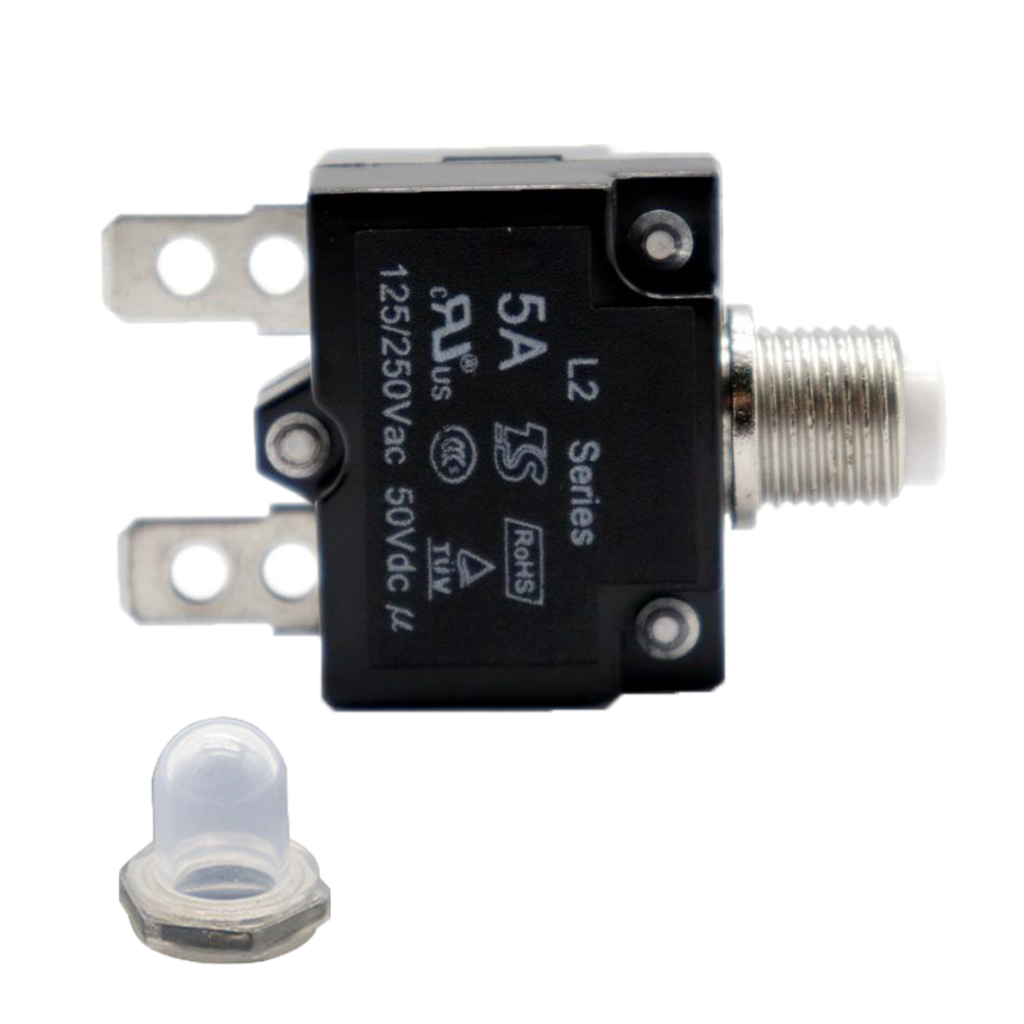 Disyuntor de botón pulsador de 5 amperios, 50V CC o 250V CA, se monta en un orificio redondo de 3/8 pulgadas (10mm), tapa de botón transparente