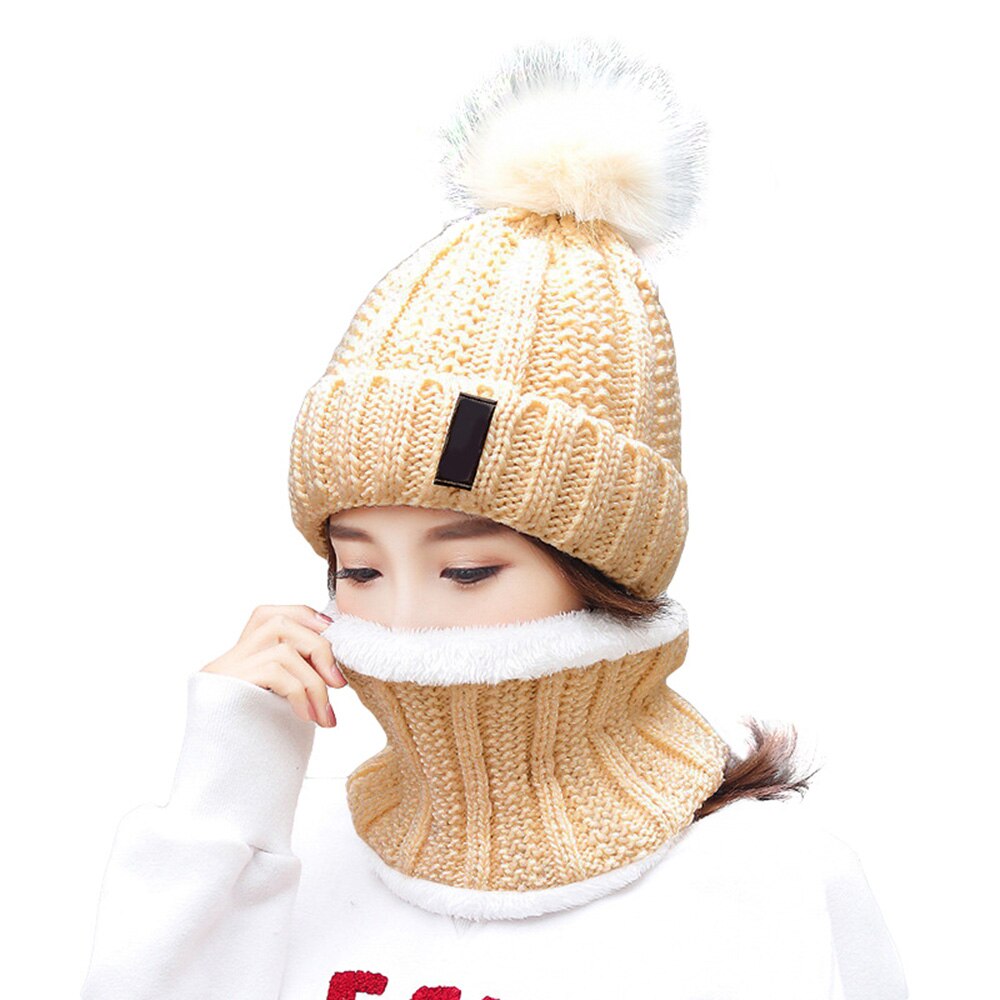 Set Cappello Sciarpa - Set 2 Pezzi Berretto Lana Lavorata a Maglia con Pompon - Fodera in Pile per Attività all'Aperto: Beige