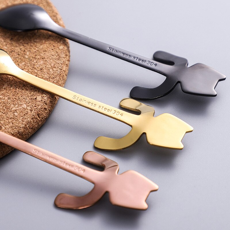 Mini colher de café 304 aço inoxidável, desenho animado, gato, colher, cabo longo, ferramenta para beber café, utensílios de cozinha, venda imperdível
