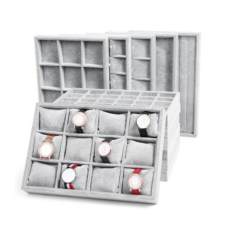 Ice Grey Velvet Jewelry Tray Jewelllery Storage Box Watch Holder Necklace Ring Earrings Pendant Display Organizer Series