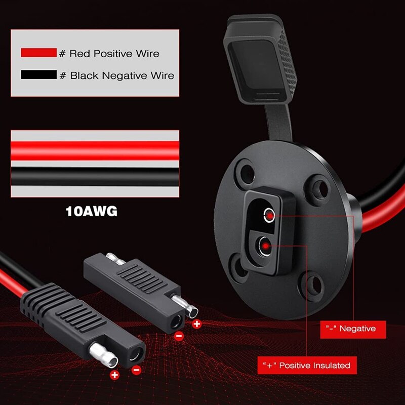 SAE Power Socket Side Wall Port 10AWG Solar Panel Flush Mount Connector Plug Cable For Solar Generator Battery Charger