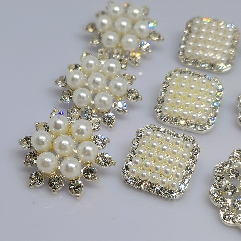 boutons à coudre luxe nacre accessoire couture Boutons de décoration de luxe en perles argentées pour vêtements, boutons de fleurs, ronds et carrés, strass, boutons de pour femmes, couture de robe