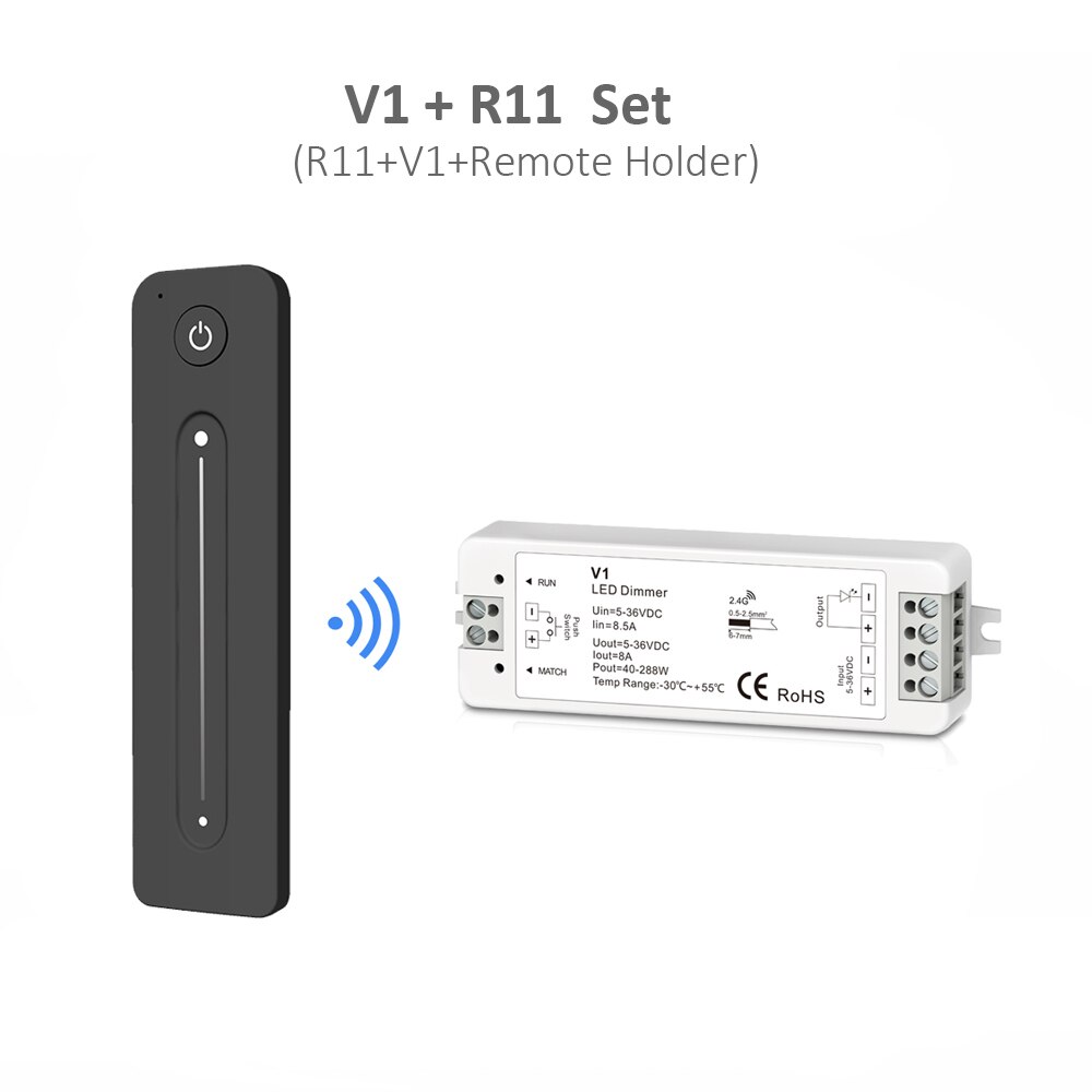 12v led lysdæmper pwm trådløs  rf 2.4g touch fjernbetjening 12v 5v 24v 36v 8a lysdæmper kontakt til enkelt farve led strip lys: V1 med  r11 sæt