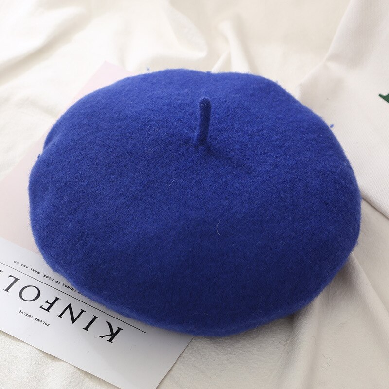 21 Kleuren Lady Herfst Winter Baret Hoed Schilder Hoed Vrouwen Wol Vintage Baretten Effen Kleur Caps Vrouwelijke Motorkap Warme Wandelschoenen cap: Royal blue