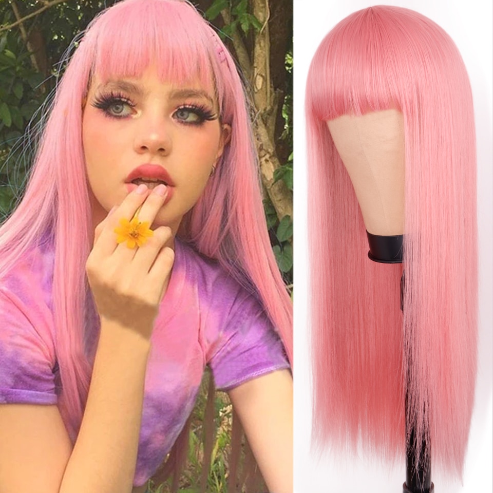 Lolita Synthetische Pruik Roze Pruik Blonde Pruik Lange Streight Haar Met Pony Natuurlijke Pruiken Voor Vrouwen Haar Cosplay Pruik