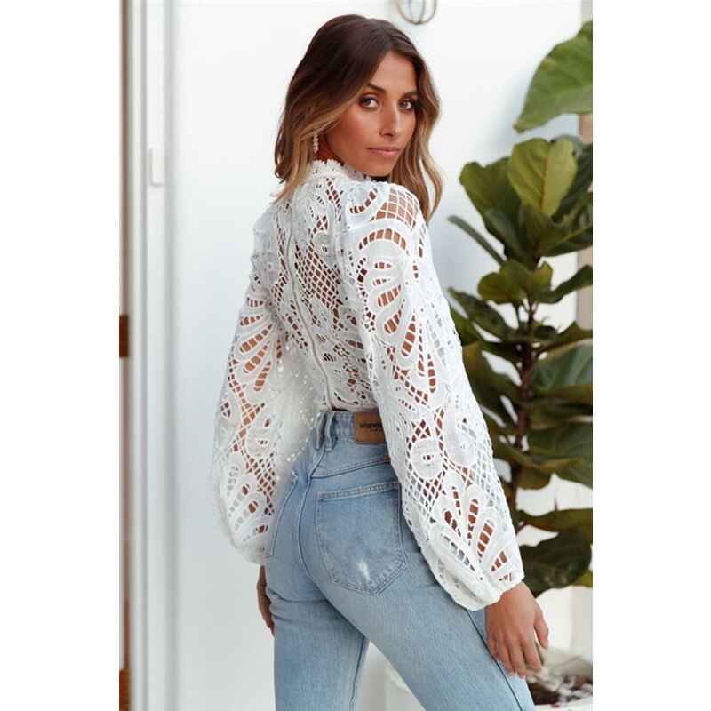 Kvinder toppe og bluser lange ærmer blomster blonde toppe afslappet hæklet hul rullekrave bluse kvindelige skjorter outfits