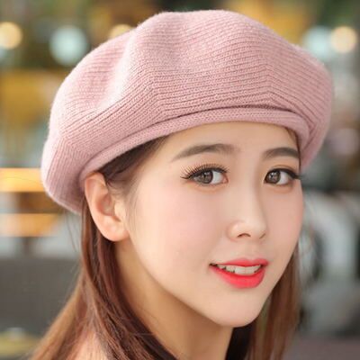 Boina mezclada de lana tejida para mujer, gorro de Otoño Invierno, boinas para mujeres,: pink