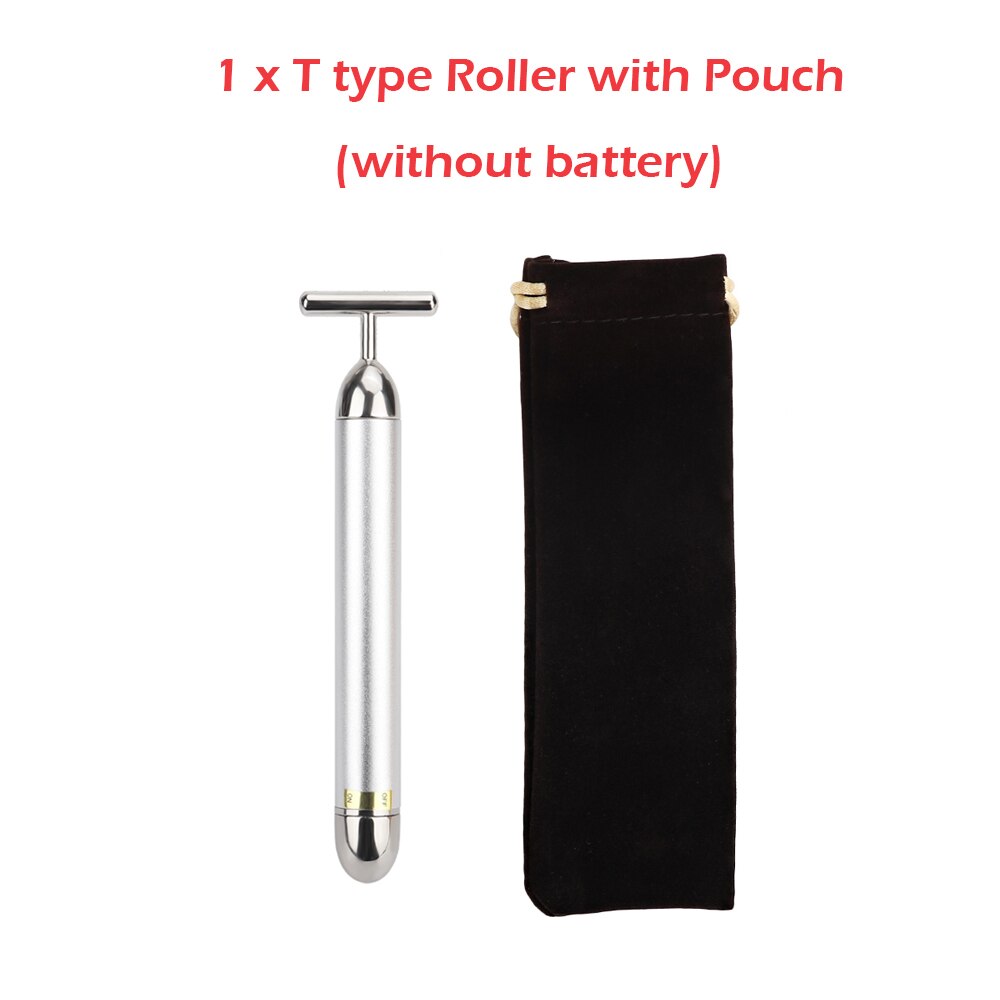 24k Golden Facial Roller Massager T Shape Vibrating Face Lifting Energy Beauty Bar Body Skin Massage Device Face Care Tools: T sliver with bag