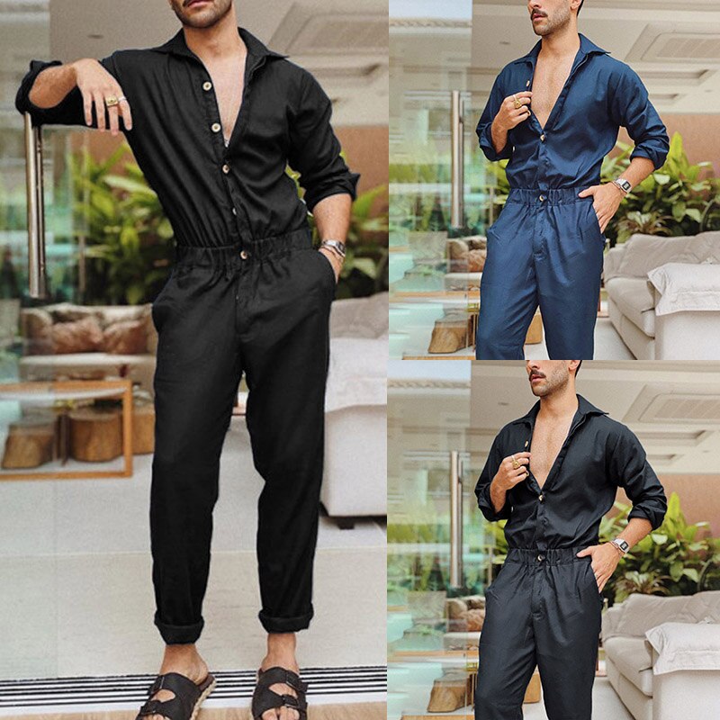 Lange mouwen heren rompers heren jumpsuits met knoopjes effen eendelig cargo overalls zakken streetwear coole heren cargobroeken