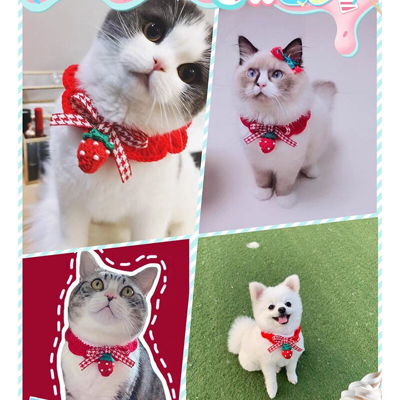Strawberry Crochet Cat Collar Woolen Dog Bandana Bowknot Pet Necklace Manual Kitty Scarf Cute Cat Accessories Yorkie Chihuahua