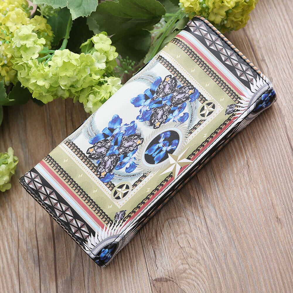 el estilo más de de las mujeres de cuero largo de la cartera del sostenedor de la tarjeta Clutch cartera monedero bolso del teléfono funda floral bolsillo impreso: D