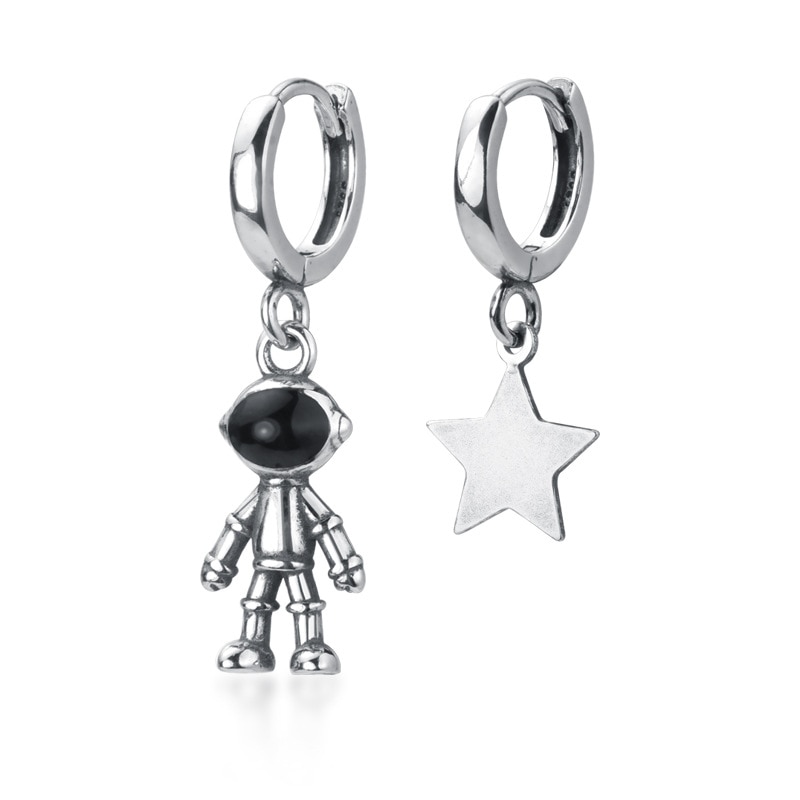 Cute Astronaut Star Asymmetric Thai Silver Color Hoop Earrings For Women Ear Jewelry Birthday S-E1065