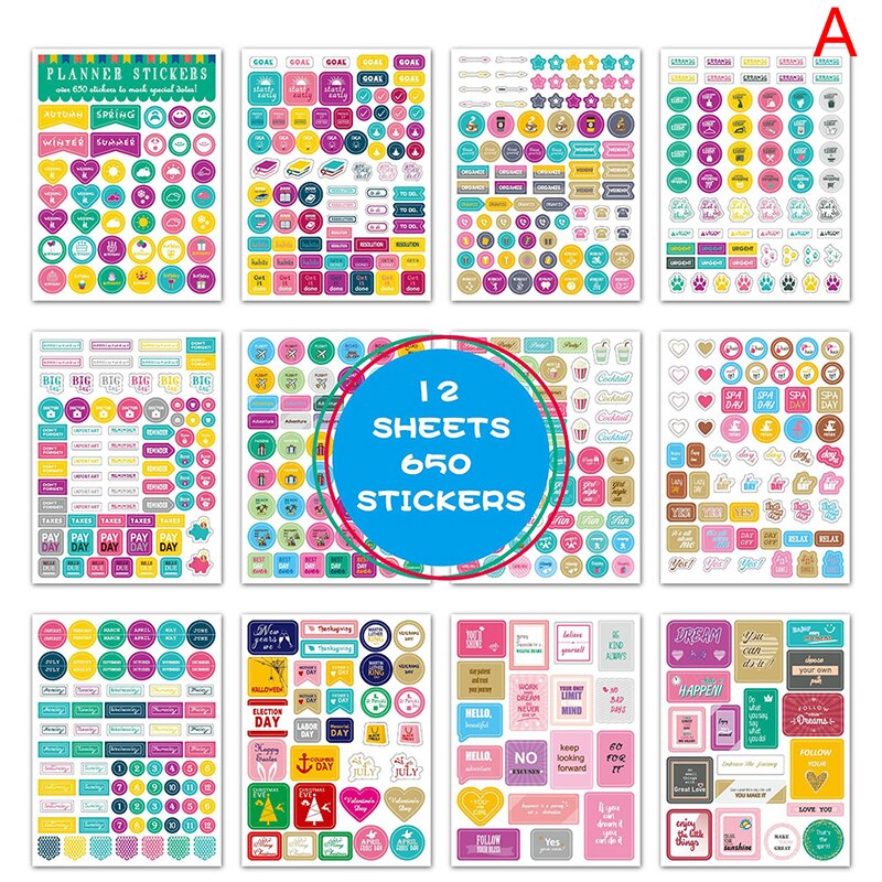 12sheets DIY Precut Decoration Stationery Diary Sticker Planner Day Planner Index Label Weekly Monthly Tabs Study Work Plan: A