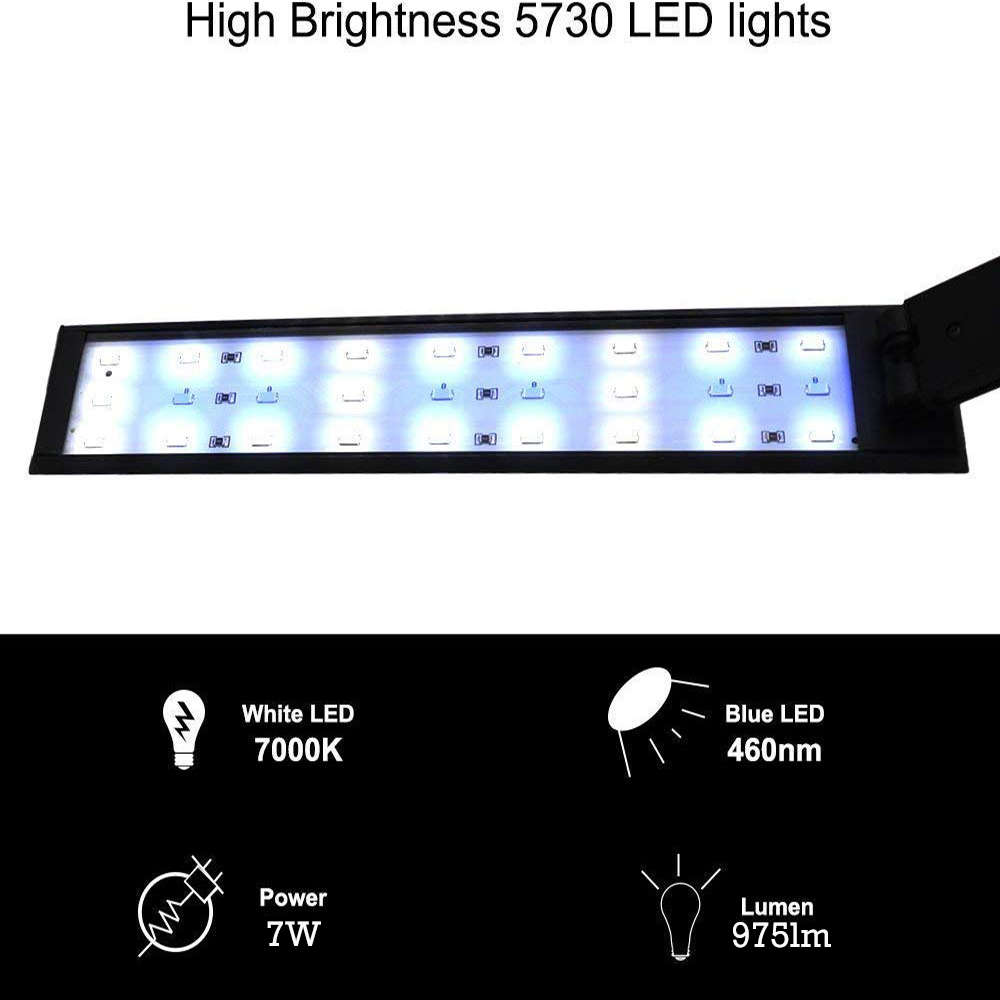 Iluminación LED con Clip para acuario, lámpara de luz de Arrecife Marino de 100-240V con soporte ajustable, LED azul y blanco para peces, plantas de Tanque De Agua: 7W
