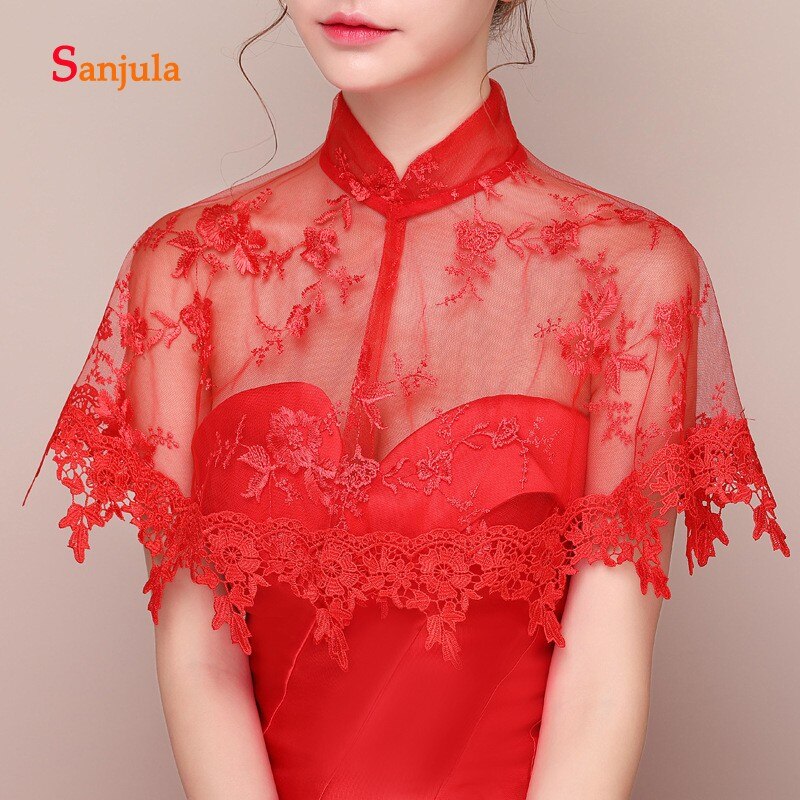 Red Lace High Neck Wedding Bolero Appliques Women Dress Jacket Accessories Bridal Wraps capa novia W09