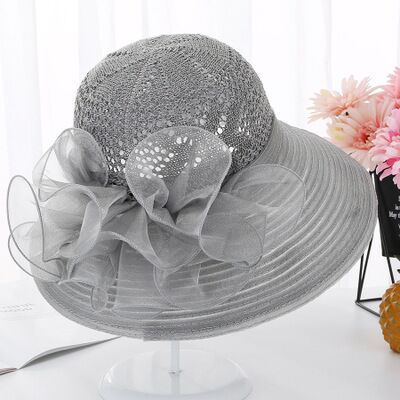 Kerk Hoeden Voor Vrouwen Breien Hollow Vintage Style Organza Zonnehoed Elegante bloemen Vrouwen Party Wedding Hoeden Haar Accessoire: gray