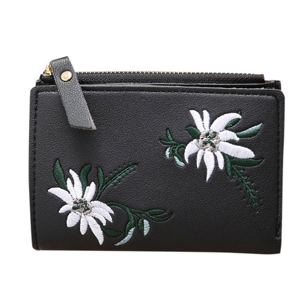 Portefeuille en cuir à franges pour femmes, porte-cartes tendance, couleur unie, à fleurs, # P30, collection: Black