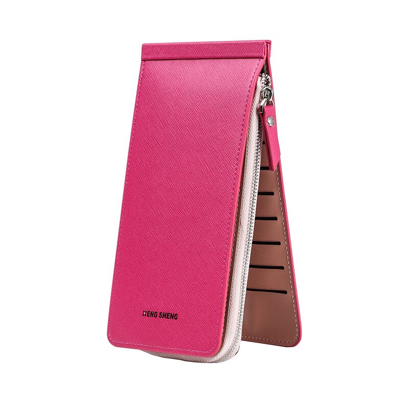 Women Business Phone Credit Card Holder Woman Long Wallets Female Bag Purses Pocket Cardholder Lady zipper clutch wallet: Rose red