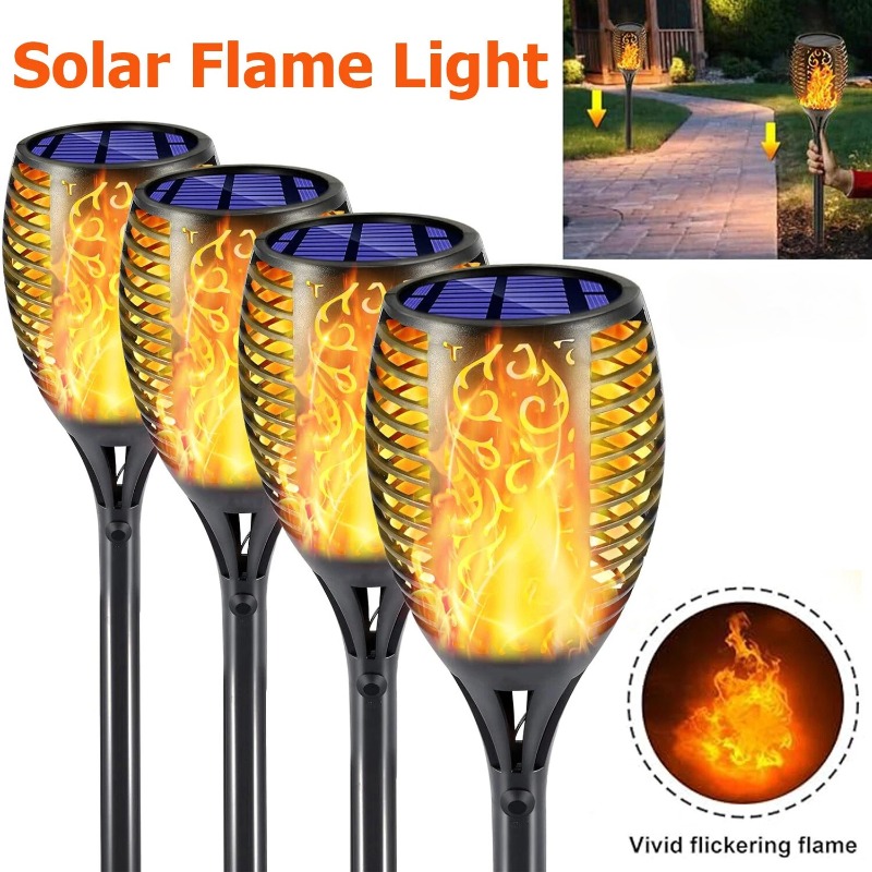 Solarleuchten, Solar--Fackelleuchten mit flackernder Flamme, wasserdichte Solar--Landschaftsgartenleuchten für Höhle Außenbereich, für Wege, Terrasse, Hof