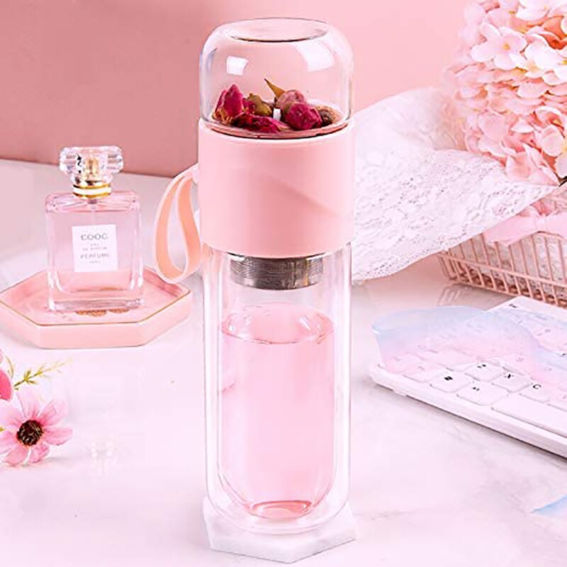 Double Wall Gl Tea Bottle Cup with Infuser Portable Tea Infuser Gl Tea Strainer Leak-Proof Gl 390Ml