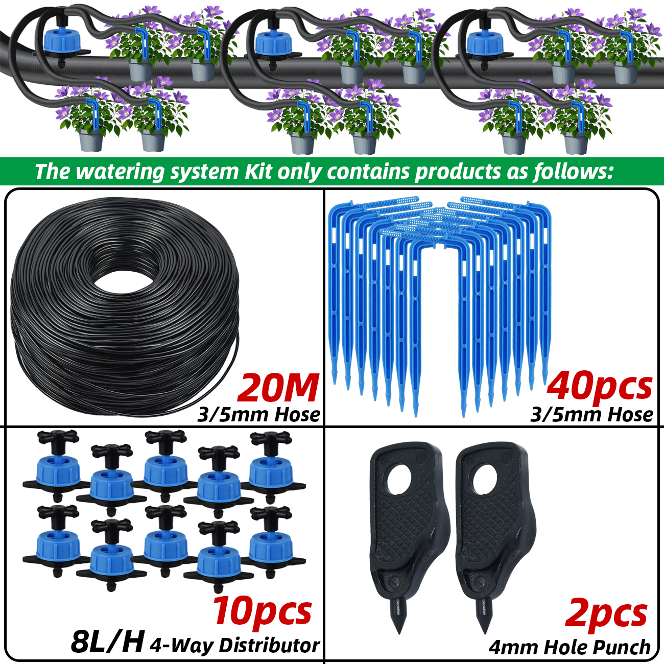 KESLA 10-100M 4Way 2Way 8L Drip Irrigation Kit Transmitter 3/5mm Hose Watering System Dripper Sprinkler Pot Planting Greenhouse