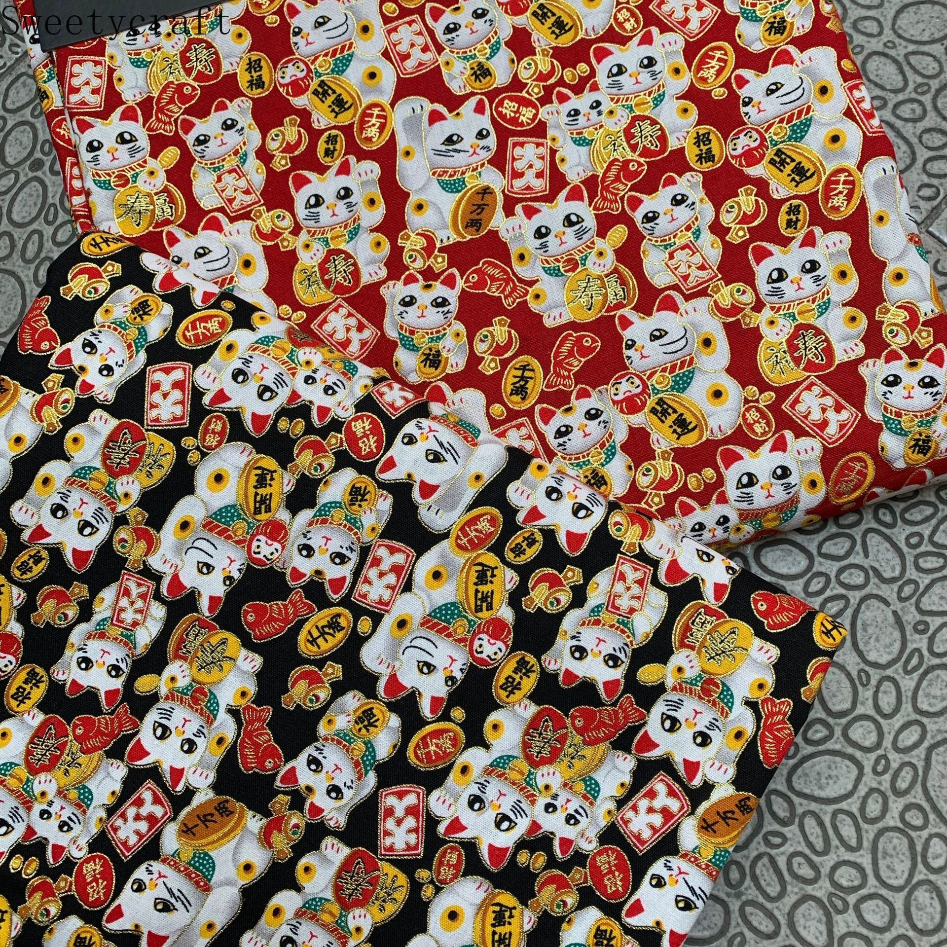 Tela con estampado de gato de la suerte para costura, prenda de tela de algodón con estampado de bronce de 150x100cm, acolchado para Patchwork, Material hecho a mano