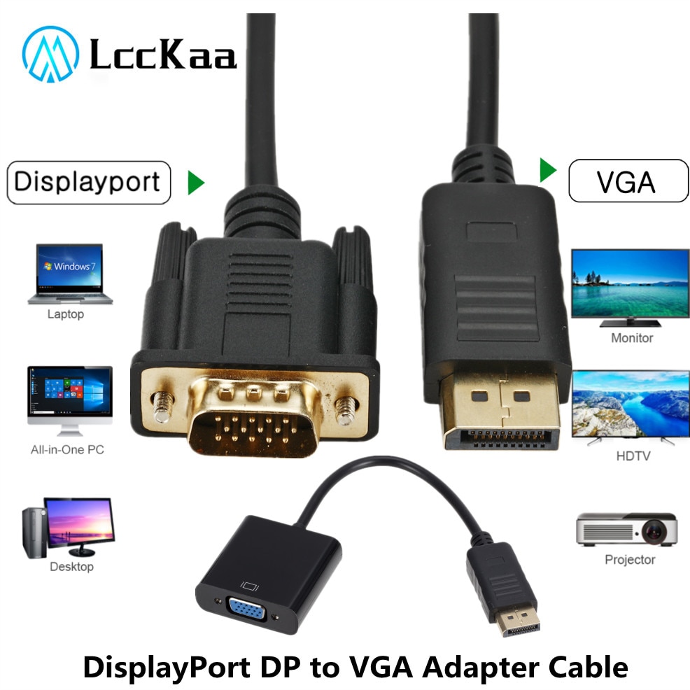 LccKaa DP To VGA Adapter Cable DisplayPort Display Port Male To Female Converter For PC Computer Laptop HDTV Monitor Projector