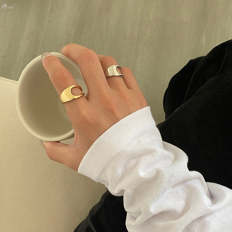 AOMU 1PC Korea Vintage Geometric Irregular Hollow Rings for Women Minimalist Metal Gold Silver Color Open Ring Jewelry