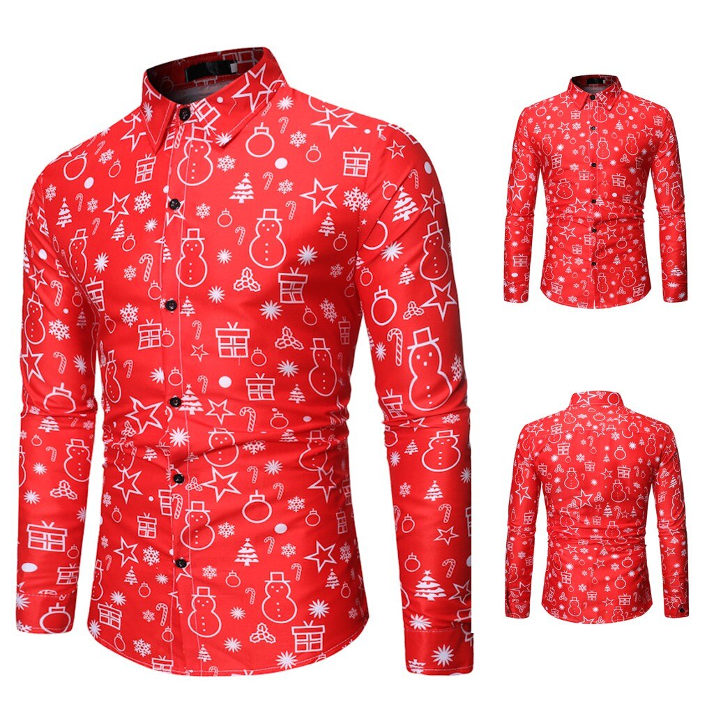 Feitong Christmas Shirt Men Casual Christmas Animal Printed Long Sleeves Red Shirts Top Blouses