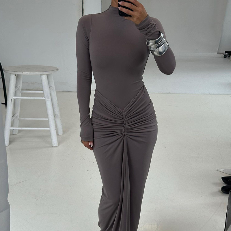 Kryptografisk langærmet sexet bodycon maxikjole outfits klubfest ensfarvet efterårskjoler vestido fødselsdagstøj: L / Kaffe