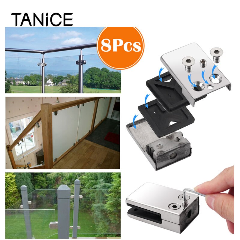 TANiCE 8PCS 304 Stainless Steel Glass Clamp Bracket Clip Holder S/M/L Size for 6-8mm 8-10mm 10-12mm Glass Balustrade Staircase