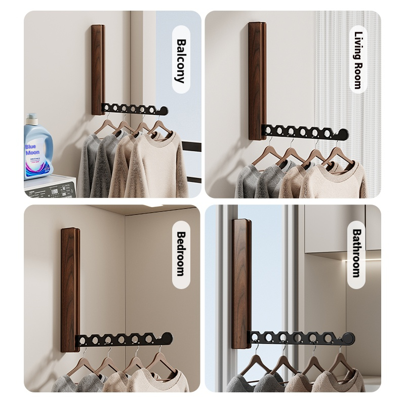 Wood Clothes Hanger Wall Mounted Drying Rack, Collapsible , and Invisible Clothing Organizer for Efficient Space Saving