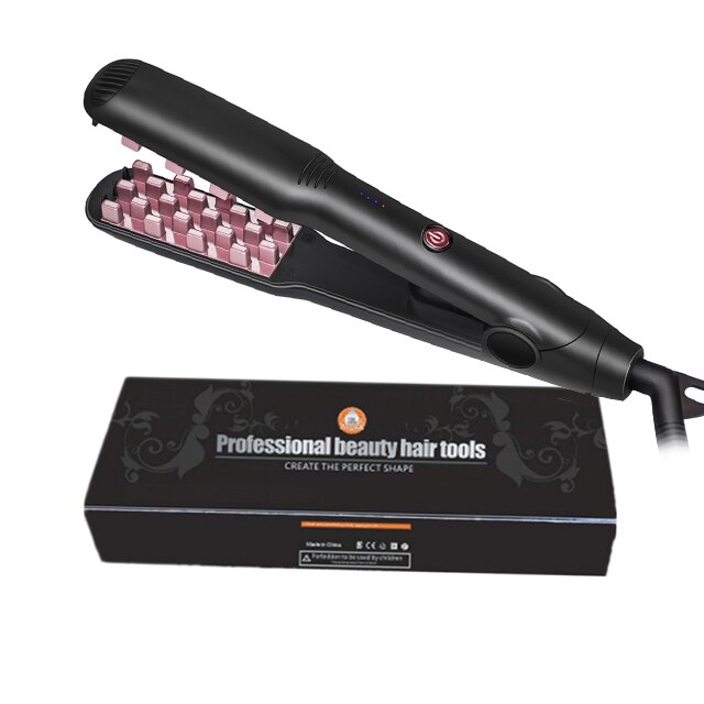Volumizing Hair Iron 2 IN 1 Hair Straightener Curling Ceramic Crimper Corrugated Curler Flat Iron 3D Fluffy Hair Styling Tool: black with box / US
