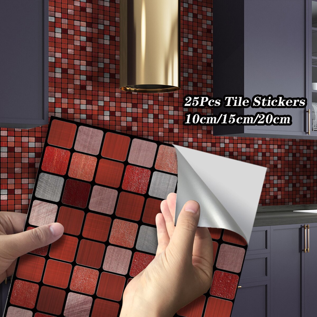 25Pcs 10/15/20CM Red Metallic Lattice Mosaic Wall Sticker Self-adhesive Peel Stick Flat Bathroom Kitchen Metal Tiles Stickers