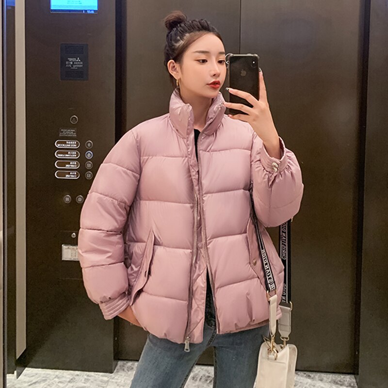 Solide Col Montant Courtes Oversize Veste Hiver Femme Doudoune Mat Parkas Épaissir Fermeture Éclair Décontracté Outwear Femmes: Rose / XL