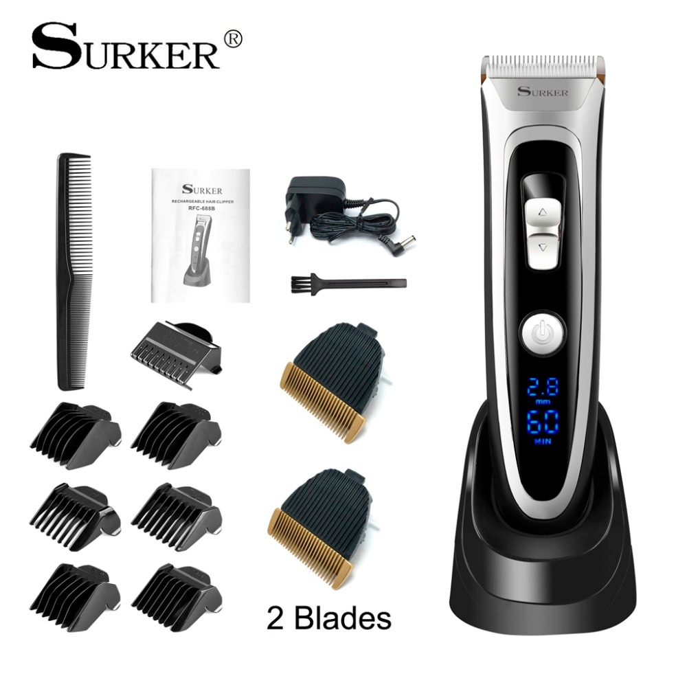 SURKER Professionele Oplaadbare Tondeuse Cordless Tondeuse Met LED Display Haircut Kit Keramische Blade Scheren RFC-688B
