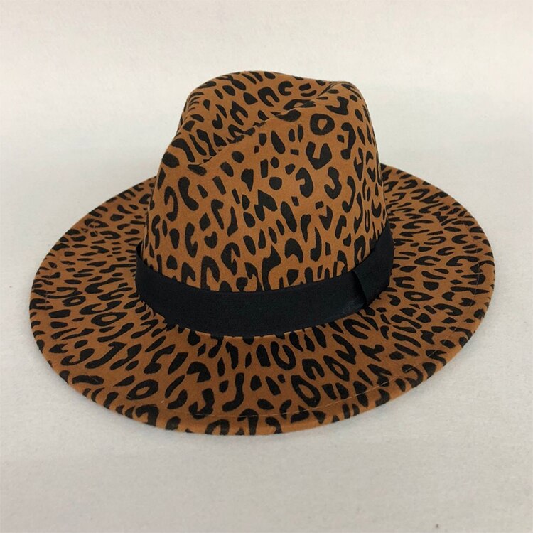 LVTZJ-sombreros de fieltro de lana Unisex para hombre y mujer, sombreros Fedora de Jazz de estilo Simple con borde plano, banda de cuero de grano de leopardo, decoración Trilby Panamá, sombreros formales