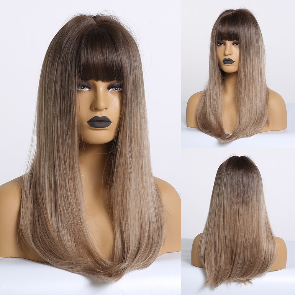 EASIHAIR Long Brown Ombre Straight Wigs with Bangs Synthetic Wigs for Women Daily Natural Hair Wigs Heat Resistant Cute Cosplay: LC201-2