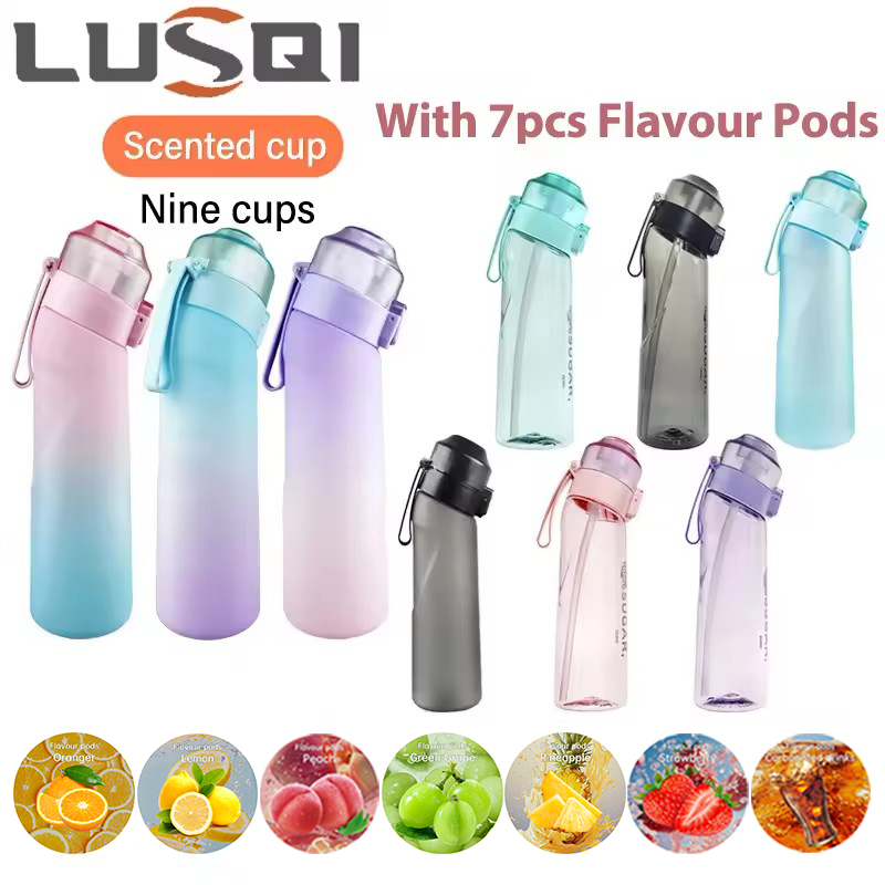 LUSQI Luftgeschmack-Wasserflasche mit 7-Geschmack-Ring, sportlicher, modischer Strohhalm-Tritan-Kunststoffbecher, geeignet für draussen-Sportarten und Fitness