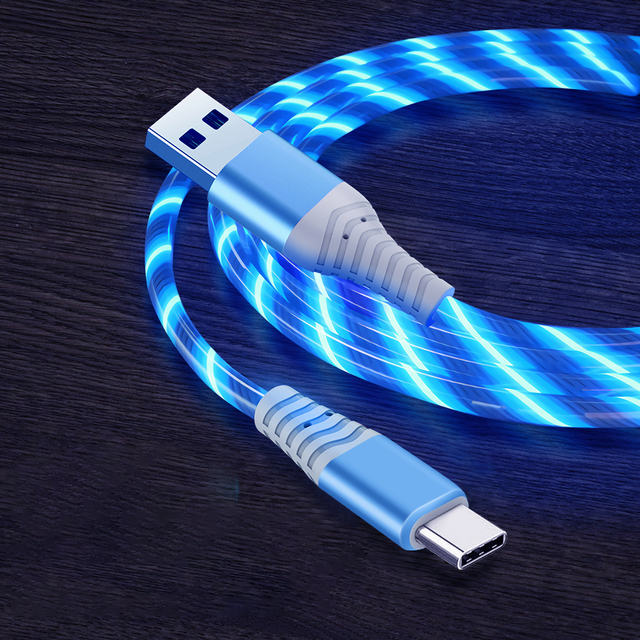 Nnbili 3a lysende opladningskabel led micro usb type c kabel hurtigopladning til huawei xiaomi lysende streamer usb c ledning: Sort / 0.75m