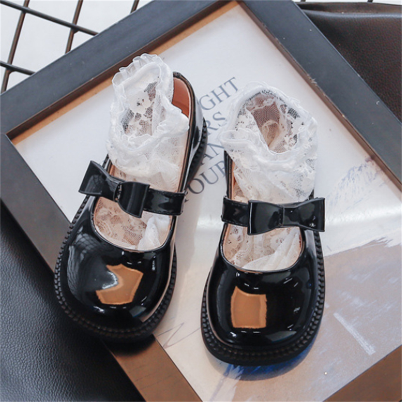 Zapatos de cuero con lazo negro para niños y niñas, mocasines de princesa, planos para estudiantes, primavera y otoño, 02